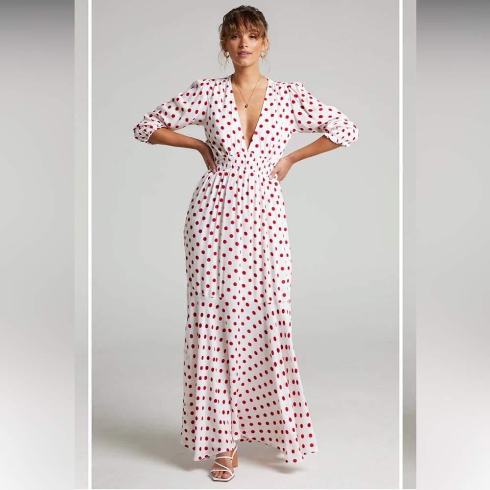 Anthropologie RUE STIIC Off White FAYE Mermaid Maxi Dress in Elle Red Polka Dot